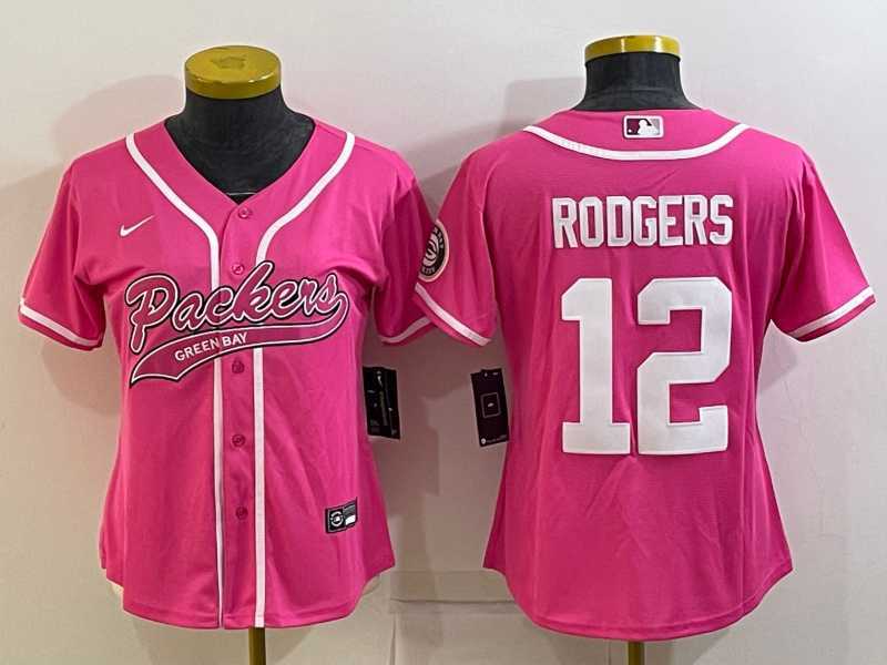 Womens Green Bay Packers #12 Aaron Rodgers Pink With Patch Cool Base Stitched Baseball Jersey->women nfl jersey->Women Jersey